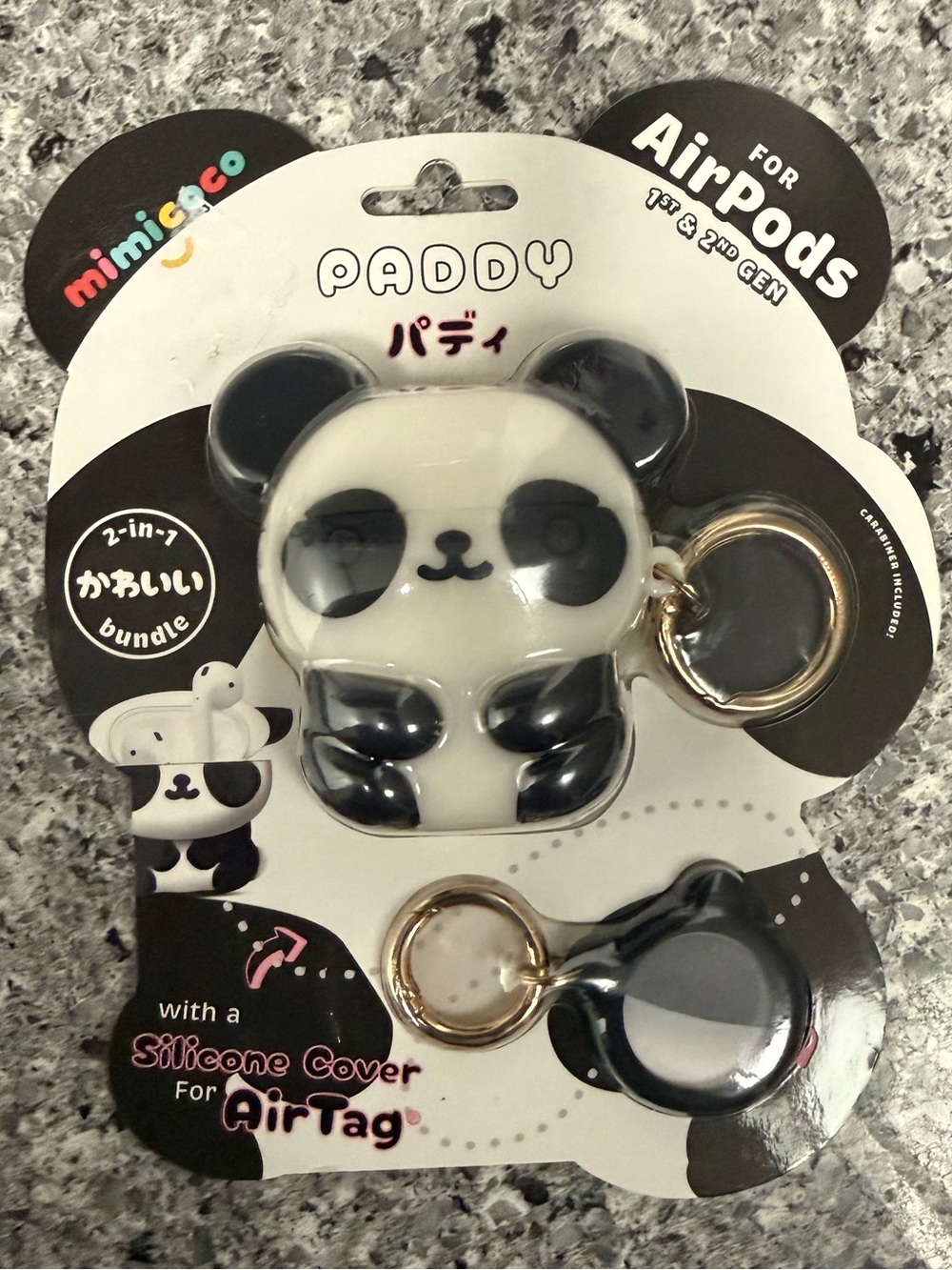 MIMI & COCO Paddy Panda Silicone AirTag & AirPods Keychain Case - Black & White
